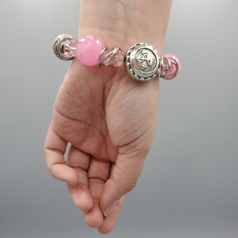 PInk and Silver Anchor Beaded Stretch Bracelet